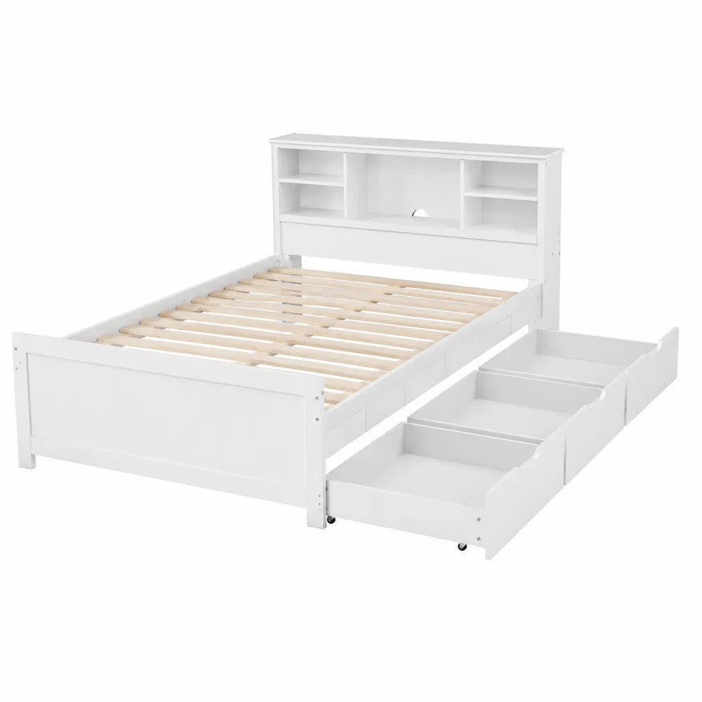 Lit en bois blanc avec tiroirs et étagères
