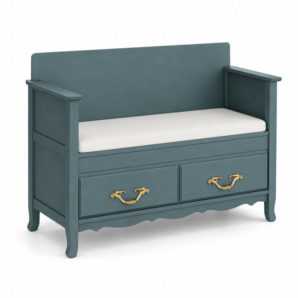 Banc en bois avec tiroirs et coussin en polyester