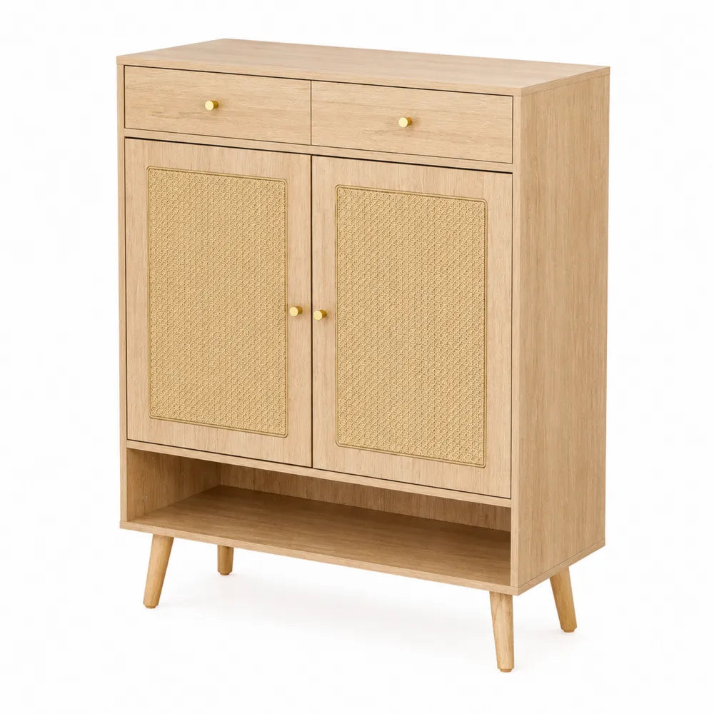 Buffet en bois clair avec portes en rotin