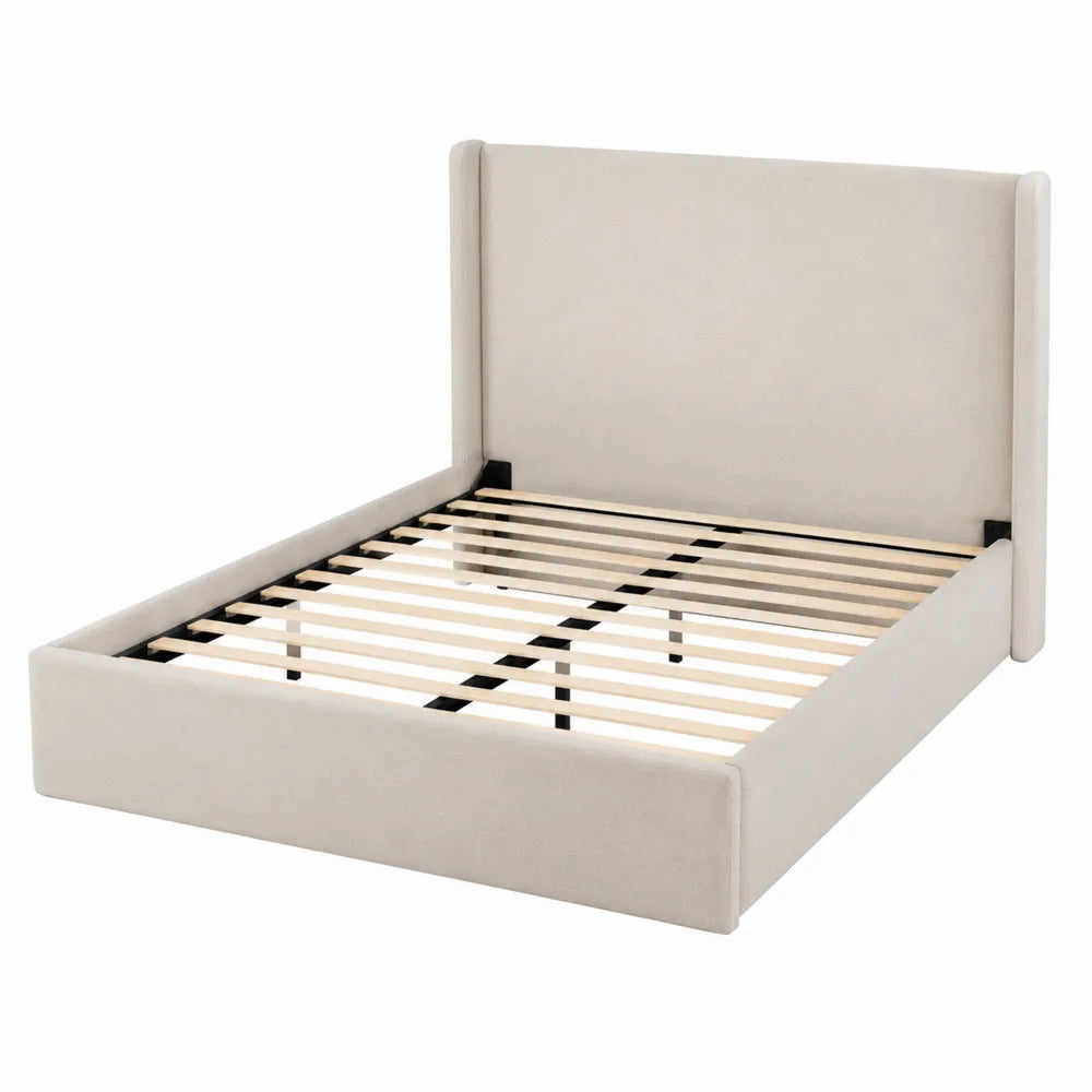Lit double en bois avec tête de lit rembourrée en tissu 160x200 cm Beige