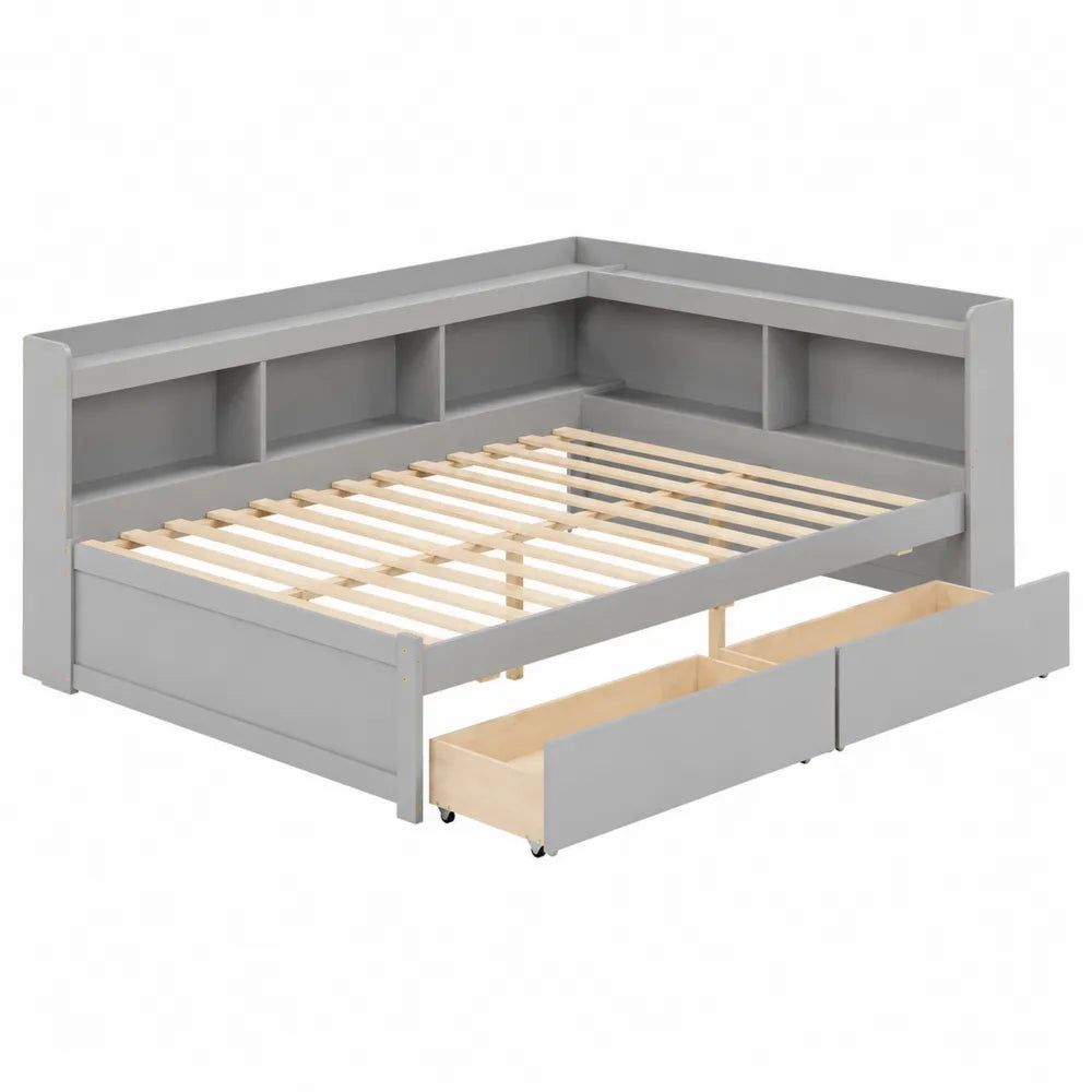 Lit d'angle avec étagères et tiroirs en bois Gris