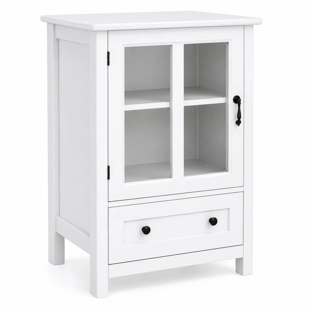 Armoire en bois blanc avec porte en verre trempé et tiroir