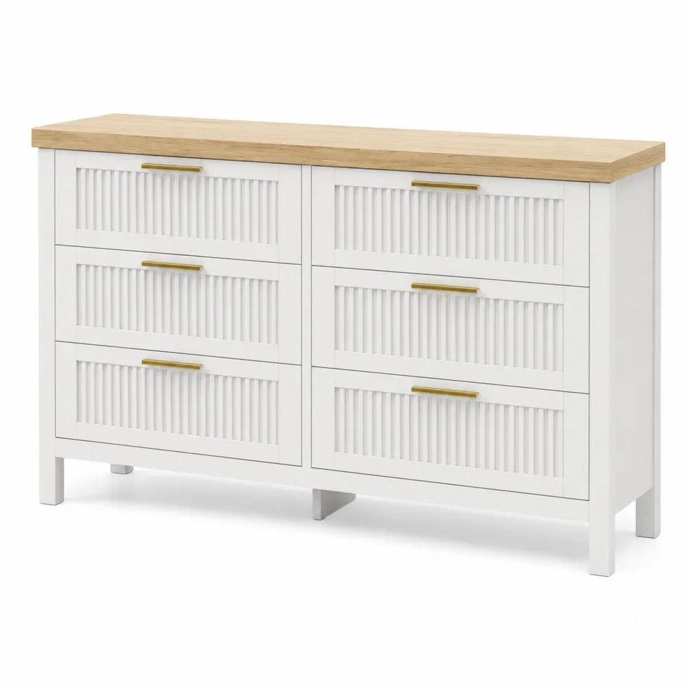 Commode en bois blanc et chêne avec 6 tiroirs