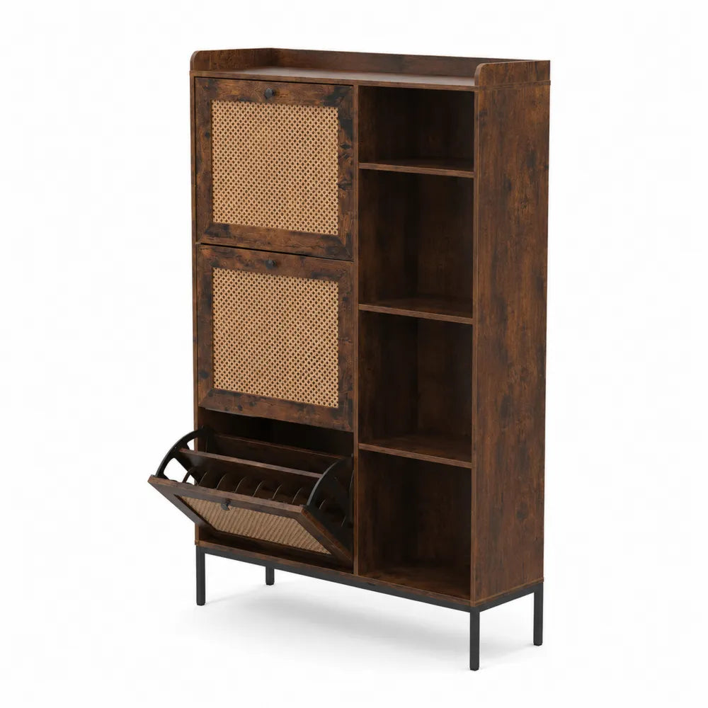Meuble de rangement à chaussures en bois et rotin