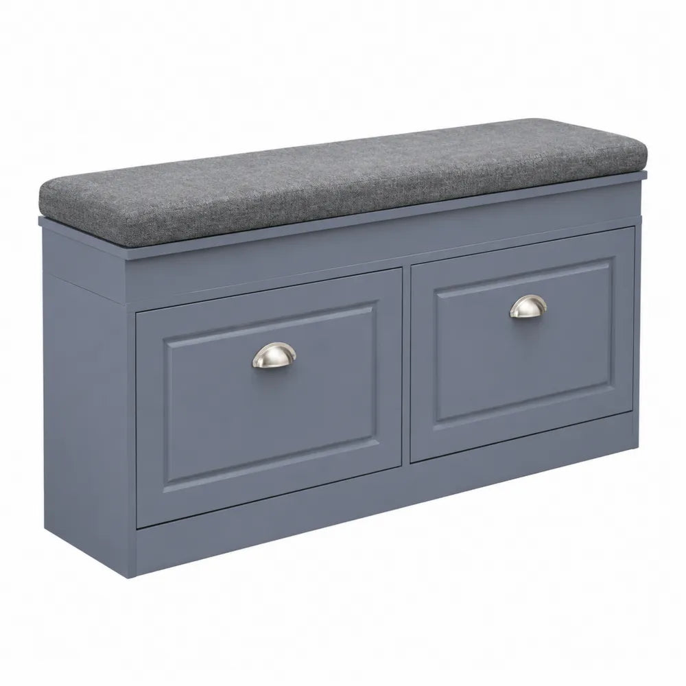 Banc de rangement en bois avec coussin gris