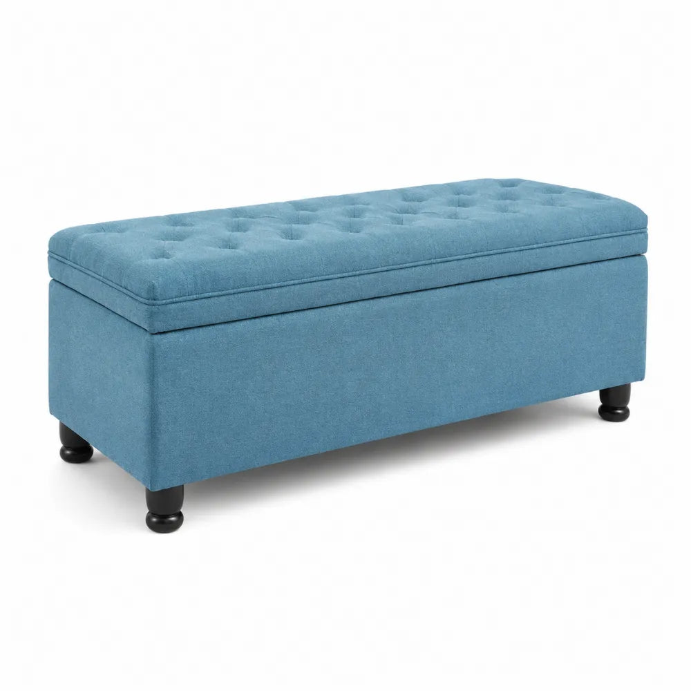 Banc de rangement en bois et tissu bleu 120x40x45 cm
