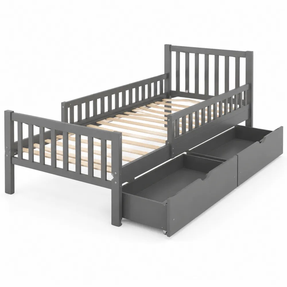 Lit simple en bois de pin avec tiroirs Gris